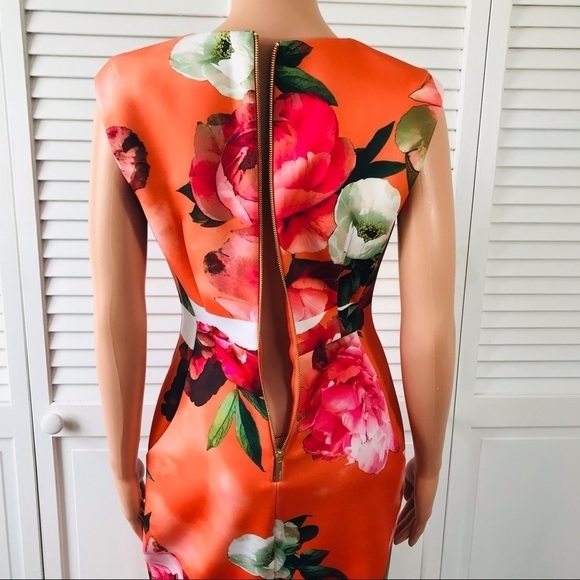 CALVIN KLEIN Orange Floral Sheath Sleeveless Dress Size Petite - Picture 5 of 8